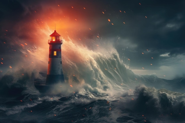Un phare debout contre une tempête qui fait rage Phare dans un paysage orageux Illustration générative de l'IA