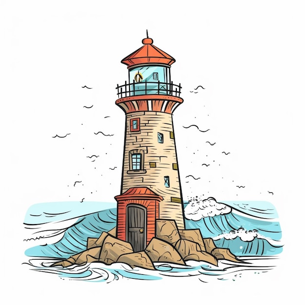 Photo un phare de dessin animé sur un rocher dans l'océan avec des vagues génératives ai