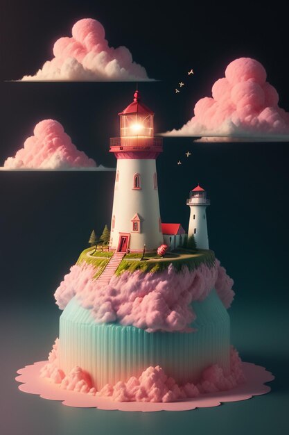 phare du château rose bâtiment au-dessus des nuages de la ville du ciel