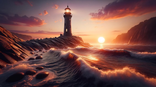 Le phare du crépuscule Le coucher de soleil serein au phare du bord de mer