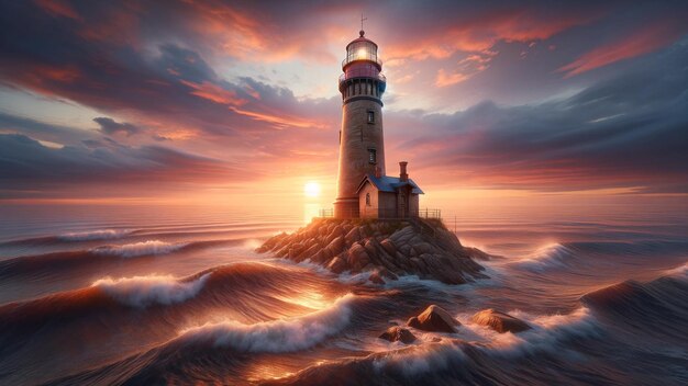 Photo le phare du crépuscule le coucher de soleil serein au phare du bord de mer