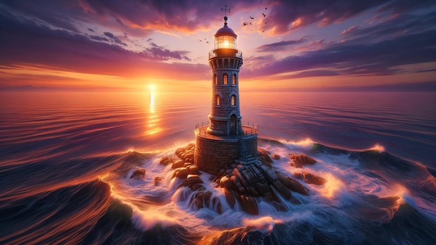 Le phare du crépuscule Le coucher de soleil serein au phare du bord de mer