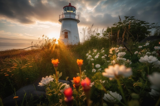 Phare entouré de fleurs épanouies symbolisant une nouvelle vie créée avec l'IA générative