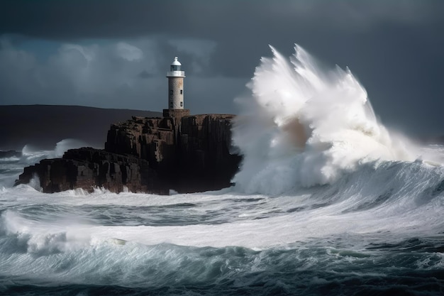 Phare entouré d'une mer orageuse avec des vagues se brisant contre les rochers et les falaises