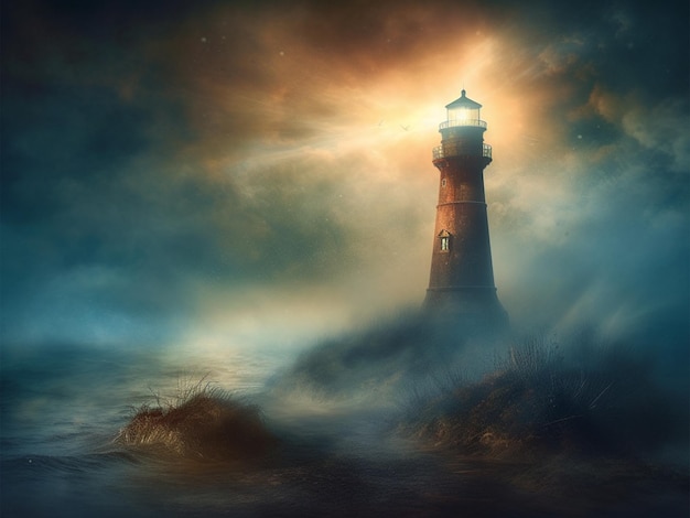 Phare avec un épais brouillard tout autour AI générative