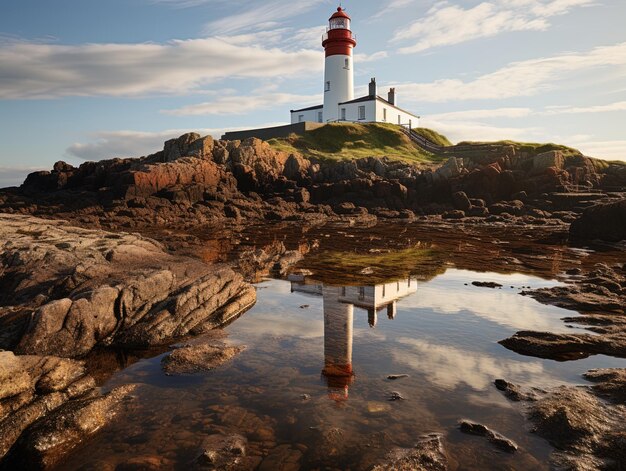 Photo un phare est assis sur un rivage rocheux avec une réflexion du phare dans l'eau