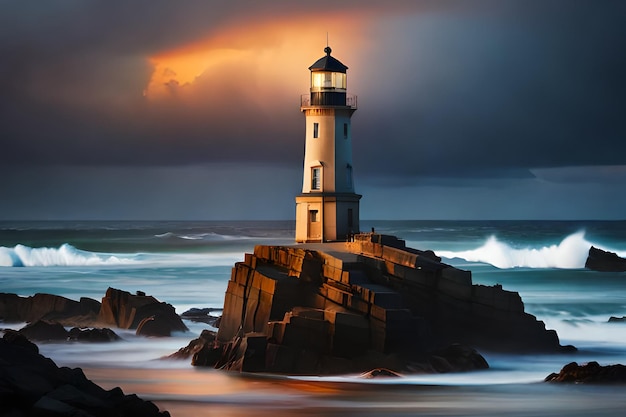 Un phare est éclairé par le soleil couchant.