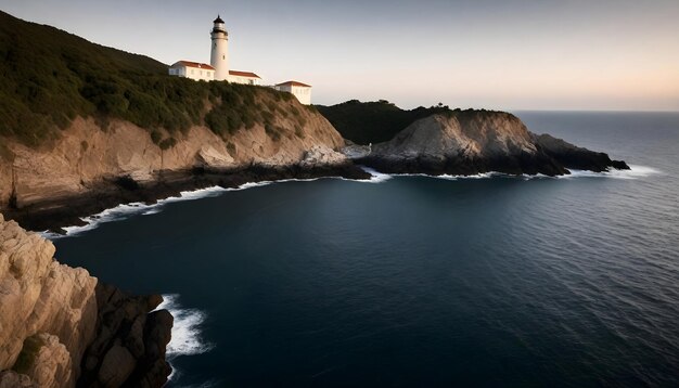 Photo un phare est sur une falaise surplombant l'océan.