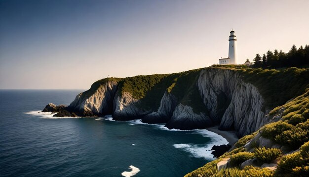 Photo un phare est sur une falaise surplombant l'océan.