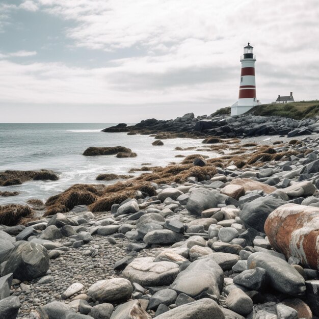 Un phare est sur un rivage rocheux avec un phare en arrière-plan.