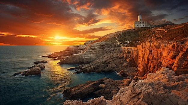 un phare sur une falaise au coucher du soleil