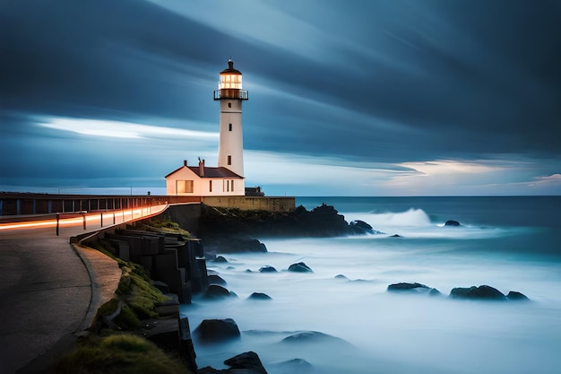 Un phare sur une falaise la nuit avec l'océan en arrière-plan