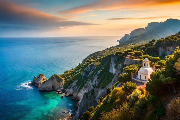 Un phare sur une falaise surplombant l'océan au coucher du soleil.