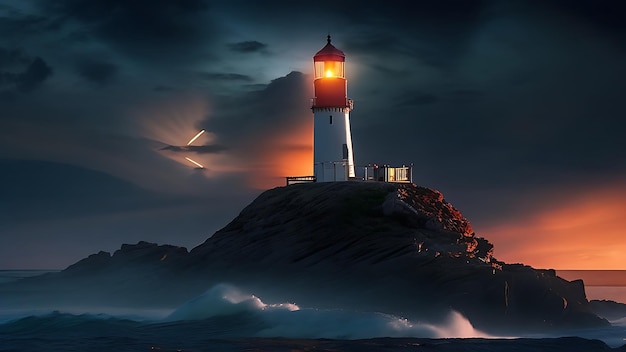 Un phare de fer solitaire se dresse sur une île rocheuse en pierre