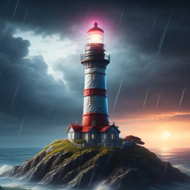 Phare sur l'île avec de fortes pluies et des mers