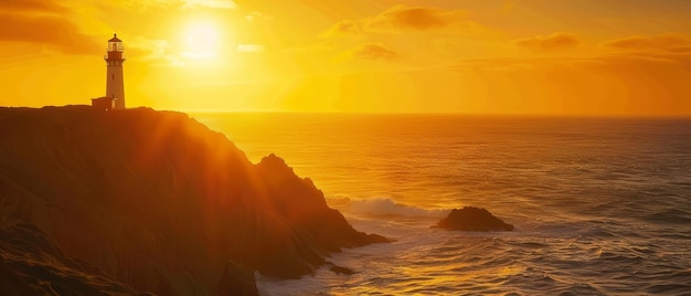 Un phare imposant se dresse au sommet d'une falaise escarpée, dont la silhouette se dresse contre un ciel de coucher de soleil à couper le souffle, avec des nuages spectaculaires et une lumière dorée qui se reflète sur les vagues qui s'écrasent en dessous.