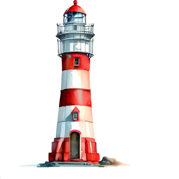 Phare isolé sur un fond blanc en aquarelle