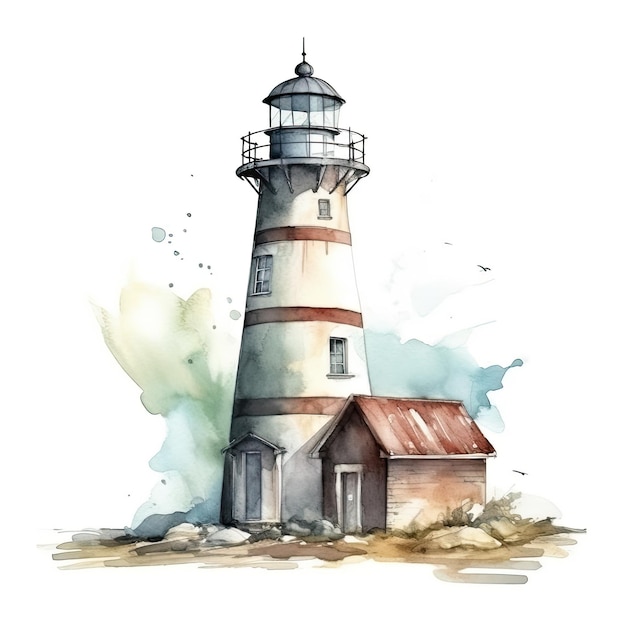 phare isolé sur fond blanc Illustration à l'aquarelle