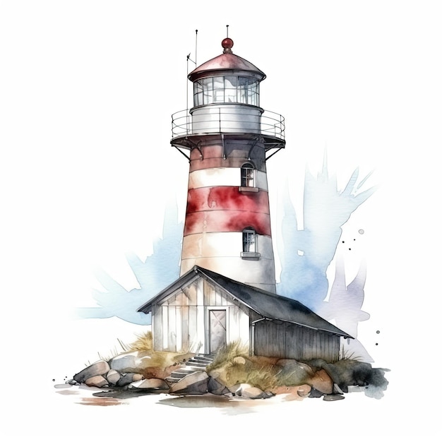 phare isolé sur fond blanc Illustration à l'aquarelle