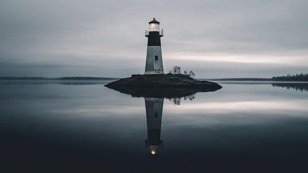 Un phare sur un lac avec un ciel nuageux