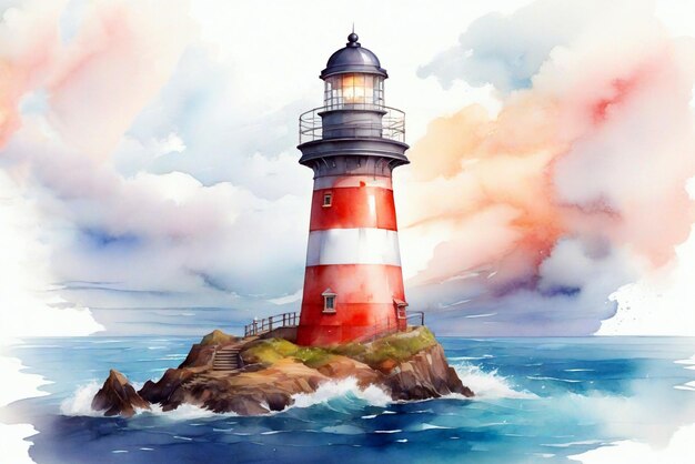 Le phare en mer illustration à l'aquarelle