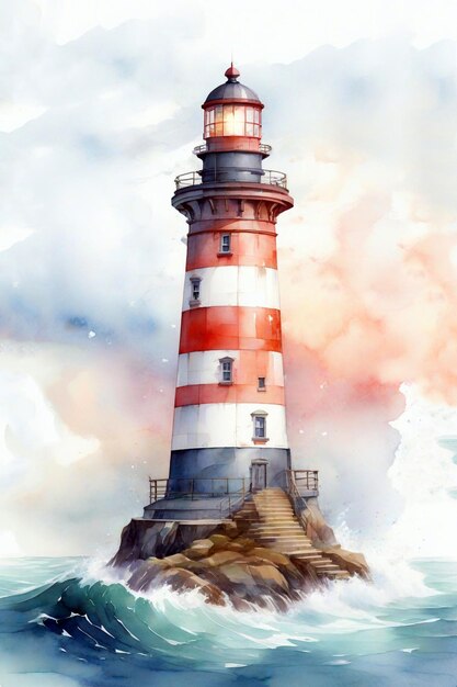 Le phare en mer illustration à l'aquarelle