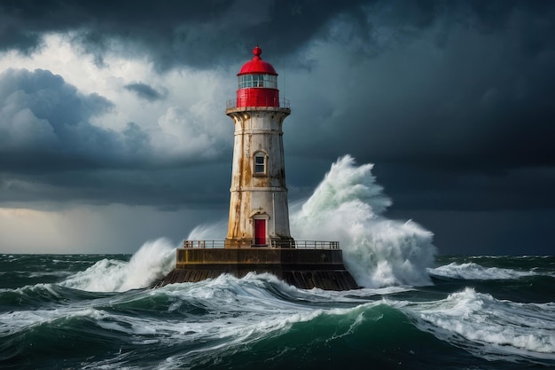 Un phare sur les mers orageuses au crépuscule