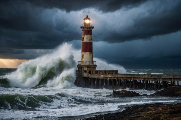 Un phare sur les mers orageuses au crépuscule