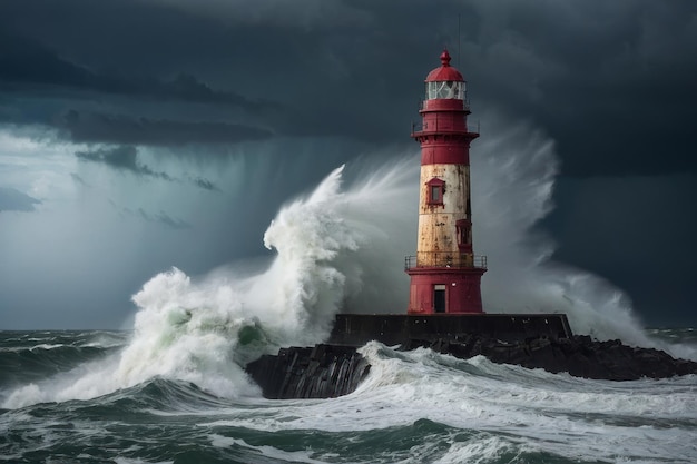 Photo un phare sur les mers orageuses au crépuscule