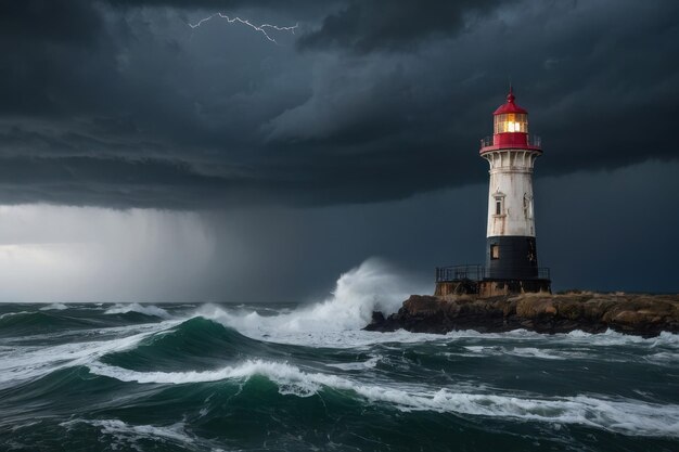 Un phare sur les mers orageuses au crépuscule