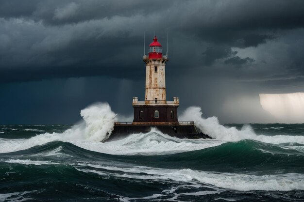 Photo un phare sur les mers orageuses au crépuscule