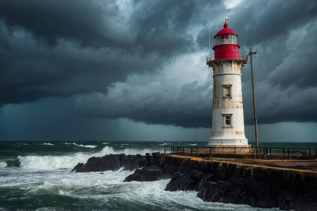 Photo un phare sur les mers orageuses au crépuscule