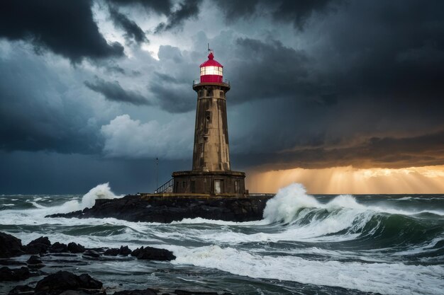 Photo un phare sur les mers orageuses au crépuscule