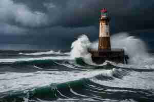 Photo un phare sur les mers orageuses au crépuscule