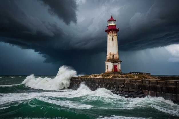 Un phare sur les mers orageuses au crépuscule