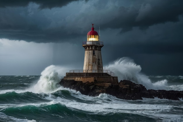 Photo un phare sur les mers orageuses au crépuscule