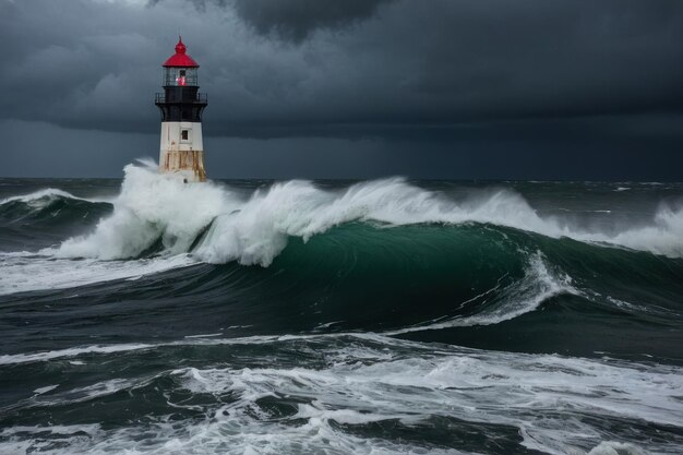 Photo un phare sur les mers orageuses au crépuscule