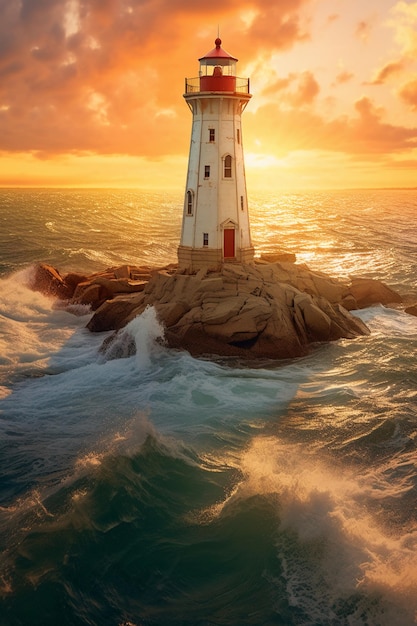 Phare pendant la Golden Hour AI générative