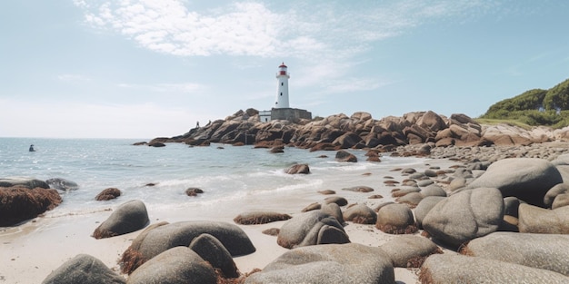 Un phare sur une plage rocheuse avec un phare en arrière-plan.