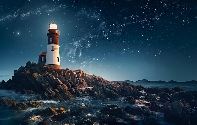 Phare sur un rocher dans la mer sur fond de ciel étoilé