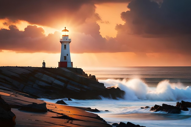 Phare sur les rochers au coucher du soleil