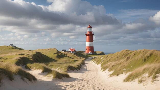 Photo un phare rouge et blanc se dresse sur une plage de sable