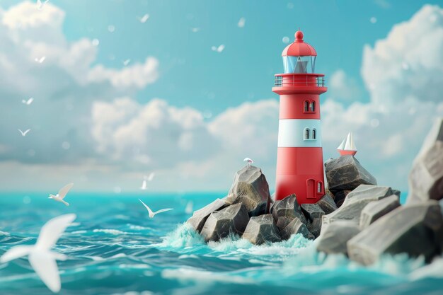 Photo un phare rouge est sur une falaise rocheuse surplombant l'océan dans le style des dessins animés