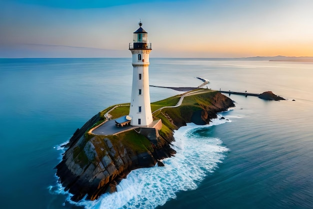 Un phare se dresse sur un éperon rocheux au coucher du soleil.