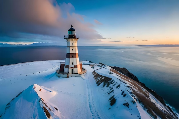 Un phare se dresse sur une falaise enneigée surplombant l'océan.