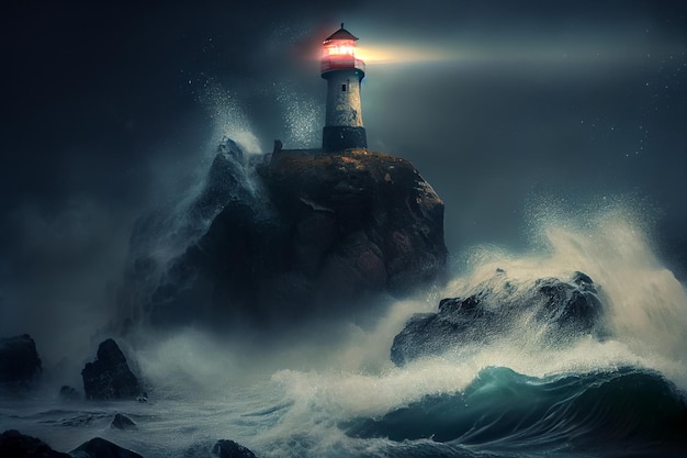 Le phare se dresse sur un rocher autour de la tempête et de la nuit