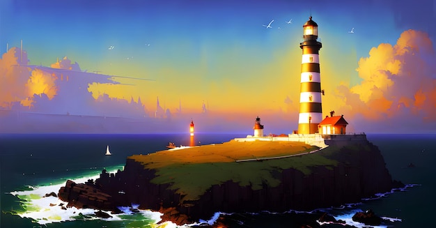 Phare sous le ciel Safe Harbor Alert Avertissement lumineux Concept Illustration Generative AI