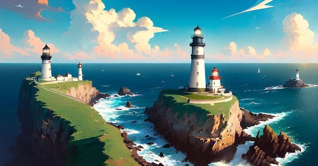 Phare sous le ciel Safe Harbor Alert Avertissement lumineux Concept Illustration Generative AI