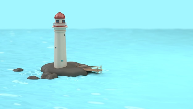 Photo phare-tour de style de dessin animé 3d sur l'île rocheuse de la mer de l'eau bleue