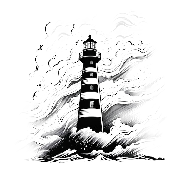 Un phare sur une vague avec une illustration en noir et blanc